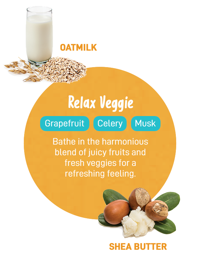 Relax Veggie | Grapefruit | Celery | Musk | Bathe in the harmonious blend of juicy fruits and fresh veggies for a refreshing feeling. | Oatmilk | Shea Butter