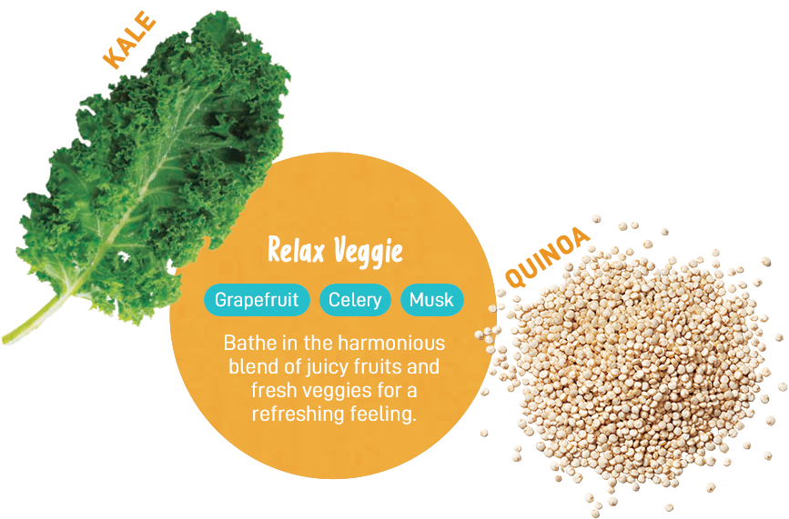 Relax Veggie | Grapefruit | Celery | Musk | Bathe in the harmonious blend of juicy fruits and fresh veggies for a refreshing feeling. | Kale | Quinoa
