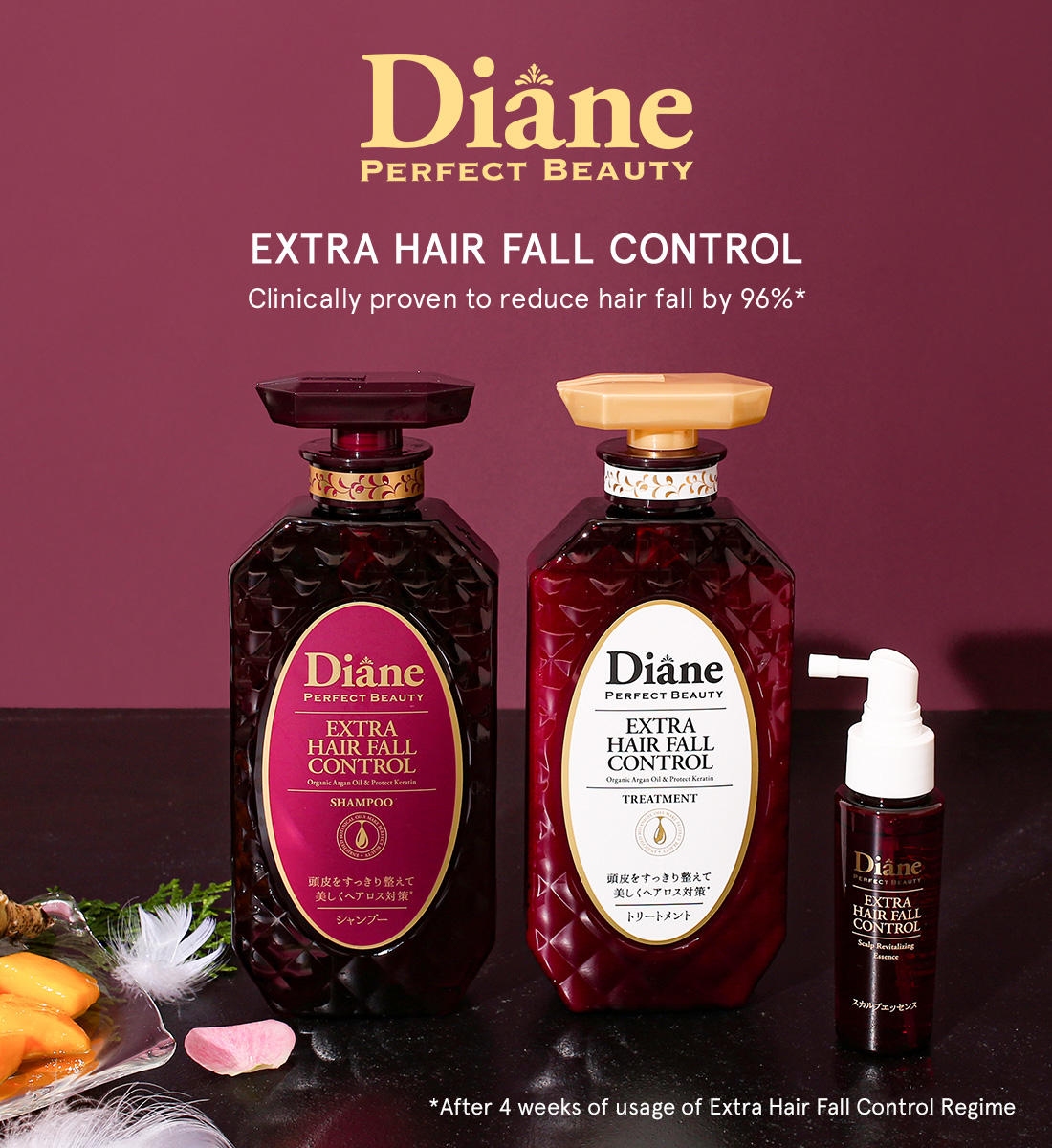 Diane Perfect Beauty | Extra Hair Fall Control | Clinically proven to reduce hair fall by 96%* | *After 4 weeks of usage of Extra Hair Fall Control Regime